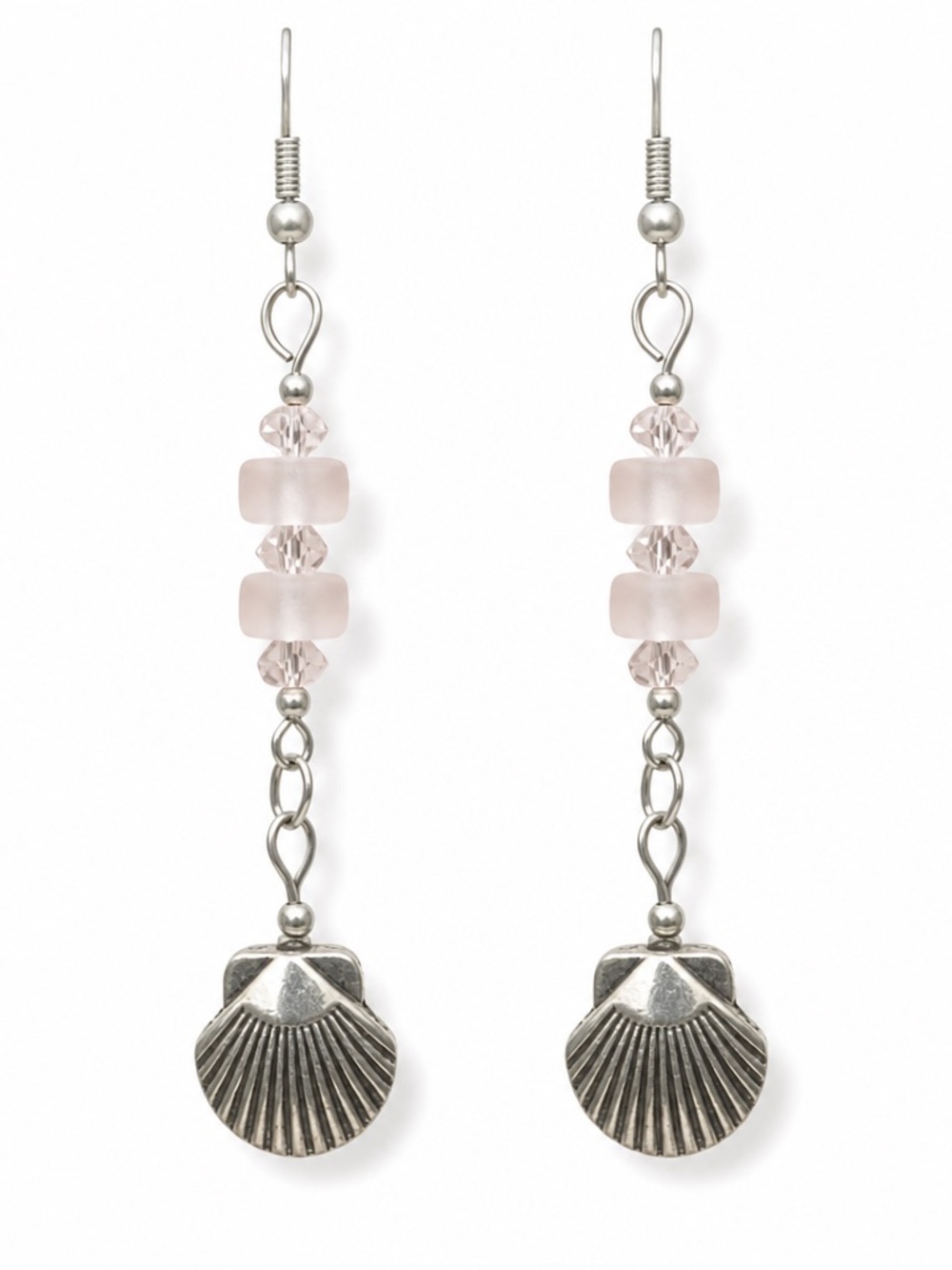 Soft Pink Crystal and Glass Beads with Antique Silver Shell Drop Earrings